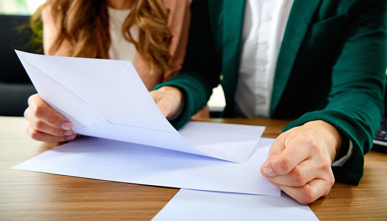 Small business owners reviewing direct mail marketing campaign